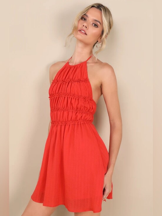 Lulus Dresses & Skirts - Lulus Kallina Red Orange Ruffled Halter Neck Mini Dress